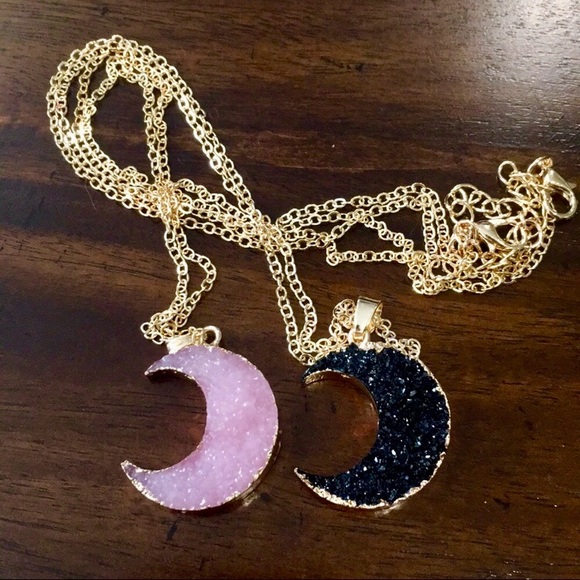 Black Druzy Crystal Resin Moon Necklace - Picture 4 of 8